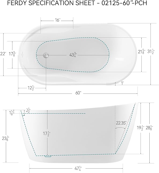 FerdY Lana'i 60" Freestanding Bathtub, Gracefully Shaped Freestanding Soaking - Image 7