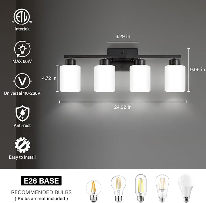 Black Bathroom Light Fixtures, 4-Light Modern Vanity Light Over Mirror - Image 2