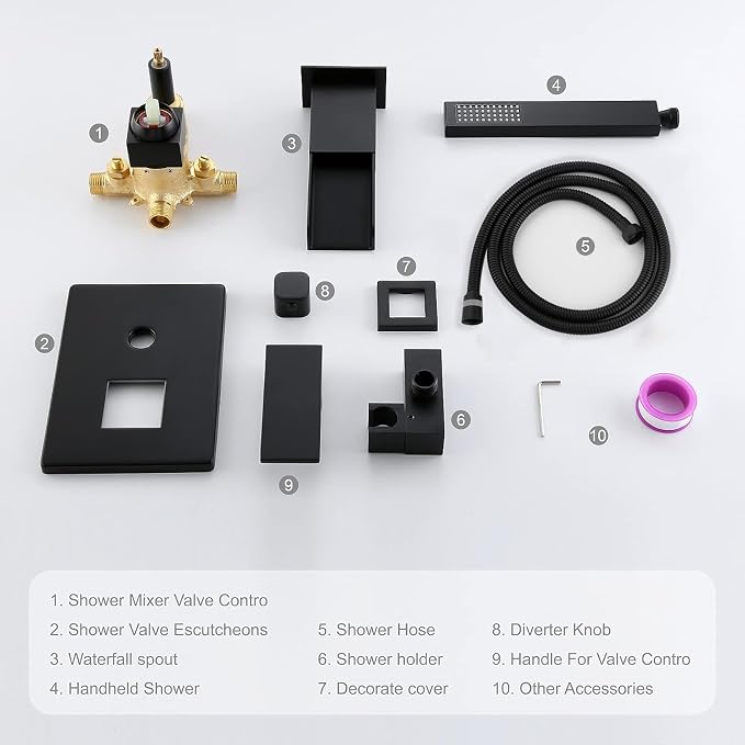 TapLong Matte Black Wall Mount Tub Filler Faucet Set - Image 8