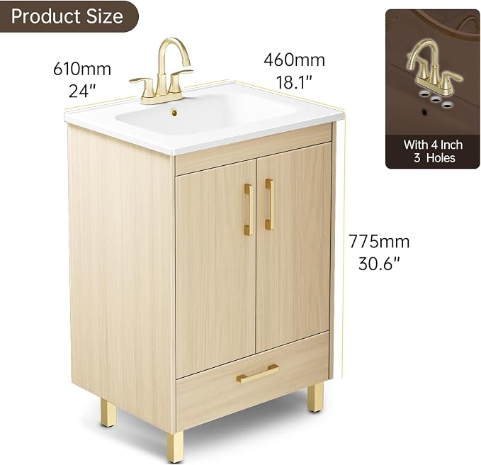 phiestina Fully Pre-Assembled 24 Inch Bathroom Vanity, Oak Bathroom Sink Cabinet - Image 3
