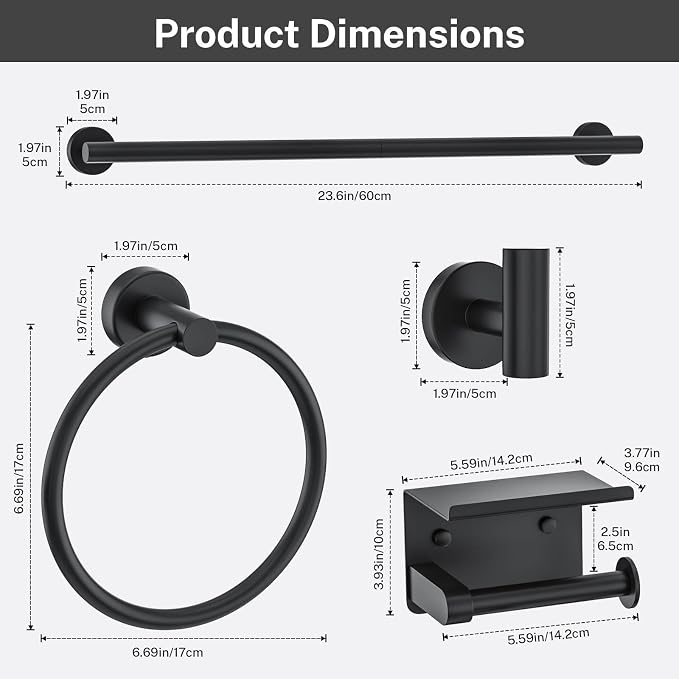 Matte Black Towel Bar Set 5 Pieces Bathroom Hardware Accessories Set Round - Image 6