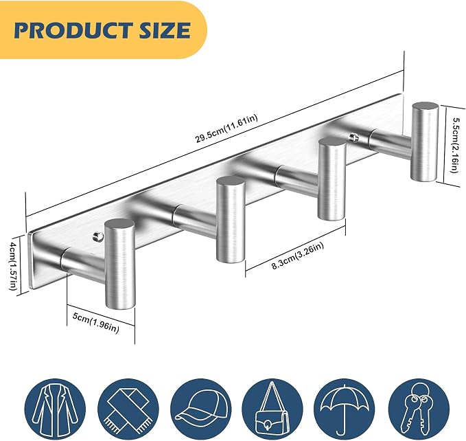 HUFEEOH 2 Pack Coat Rack Wall Mount, Stainless Steel T Shaped 4 Hooks Coat Hooks - Image 2