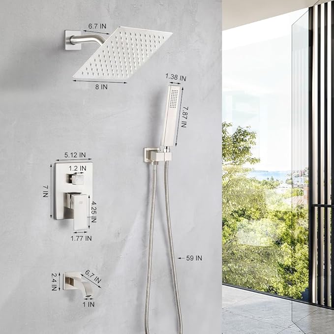 POP SANITARYWARE Shower Tub Faucet Set Brushed Nickel Bathroom 8 Inch Shower - Image 5