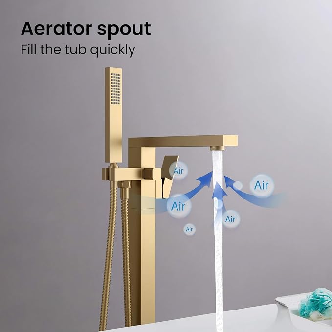 KIBI Cube Brushed Brass Freestanding Bathtub Faucet Floor‑Mounted Brass Tub - Image 5