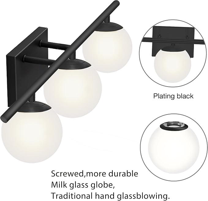 New Bathroom Vanity Light Fixtures 3 Lights Brushed Black Milk White Globe - Image 3