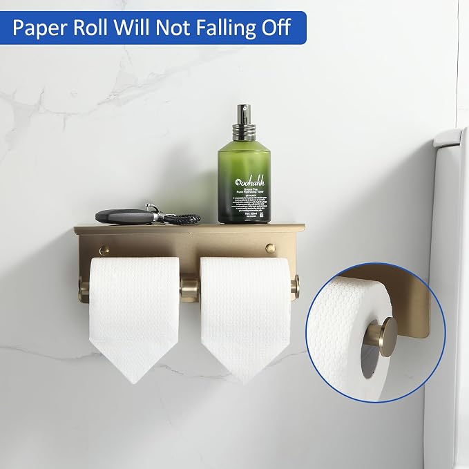 BGL Toilet Paper Holder with Shelf Matte Brushed Gold Double Head Toilet Tissue - Image 2