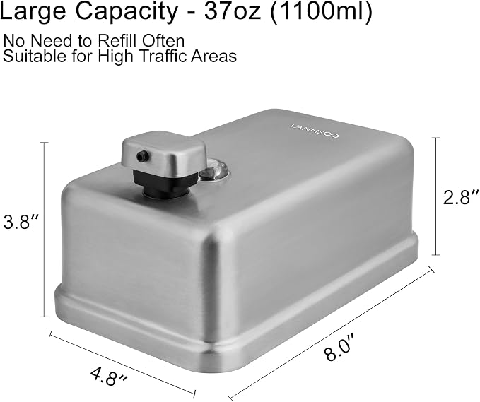 Wall Mounted Soap Dispenser Bathroom, 1100ml 37oz Commercial Stainless Steel - Image 5