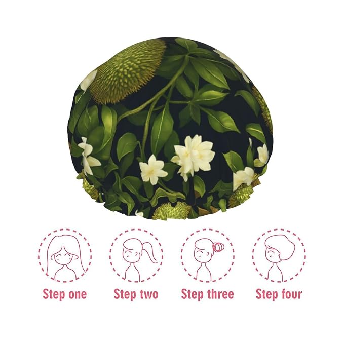 Durian and Floral Shower Cap for Women Reusable Waterproof Stylish Bath Hat - Image 7