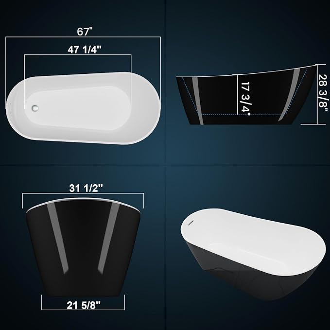 67 Inch Freestanding Acrylic Bathtub, Modern Soaking Tub - Image 2