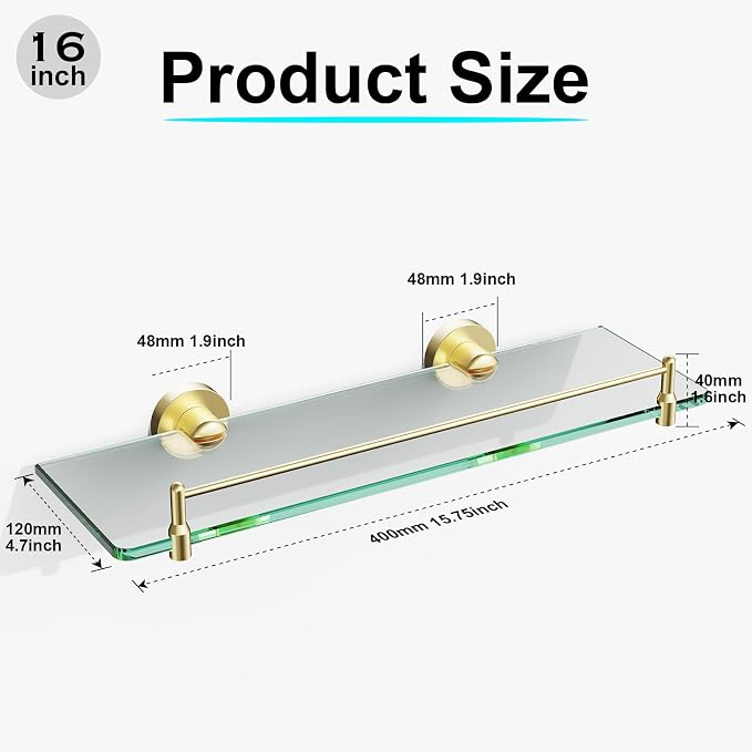 Glass Bathroom Shelves, Brushed Gold Floating Shelves - Image 7