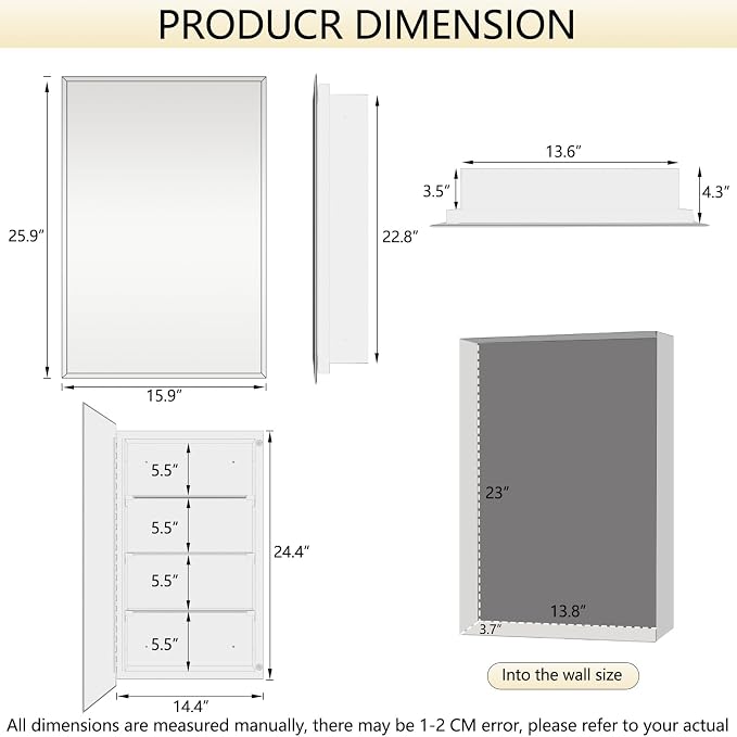 Bathroom Medicine Cabinet with 16x26 in Rectangular Beveled Frameless Mirror - Image 2