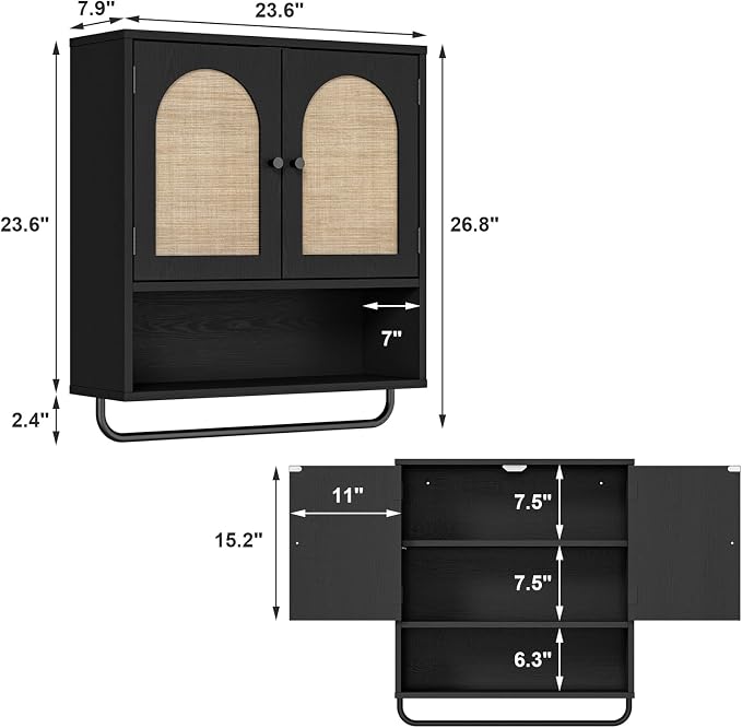 RUSTOWN Rattan Bathroom Wall Cabinet, Boho Medicine Cabinet - Image 2