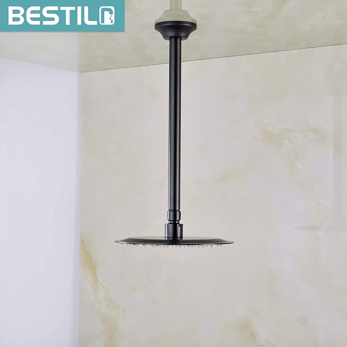 BESTILL 12 Inch Ceiling Mount Rain Shower Head Arm and Flange, Matte Black - Image 2