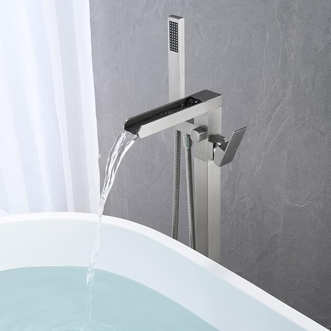 Freestanding Bathtub Faucet Waterfall Tub Filler Brushed Nickel Floor Mount - Image 5