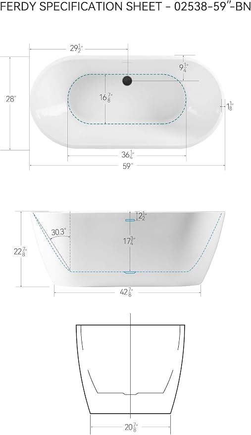 FerdY 59" Bali Acrylic Freestanding Bathtub, Gracefully Shaped Freestanding - Image 9