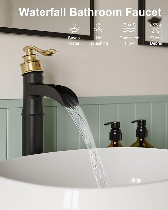 BWE Waterfall Vessel Sink Faucet Black and Gold Bathroom Faucet 1 Hole Single - Image 4