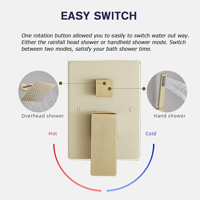 Brushed Gold Shower System 8 Inch Bathroom Luxury Rain Mixer Shower Combo Set - Image 6