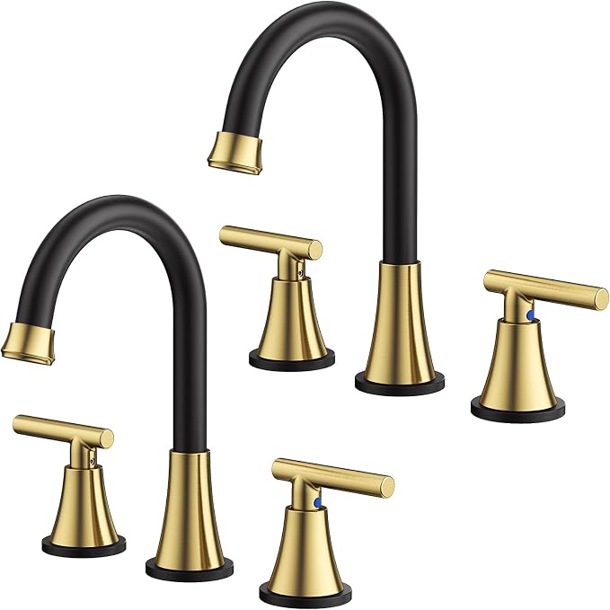 Bathroom Faucets for Sink 3 Hole, Hurran Black& Gold Bathroom Sink Faucet by Hurran