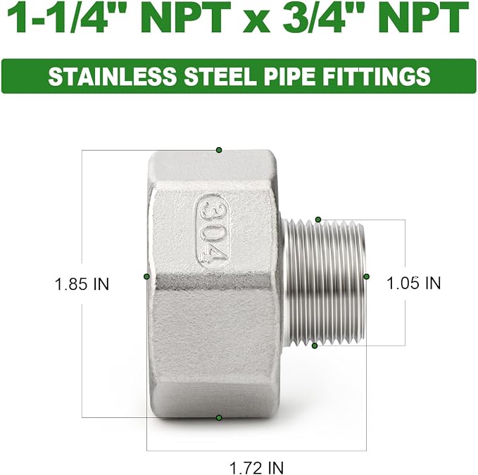 TAISHER 2PCS 304 Stainless Steel Pipe Fitting, 3/4" NPT Male x 1-1/4" NPT Female - Image 2