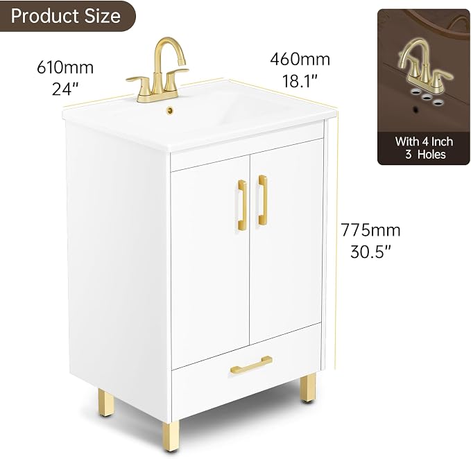 phiestina Fully Pre-Assembled 24 inch White Bathroom Vanity - Image 3