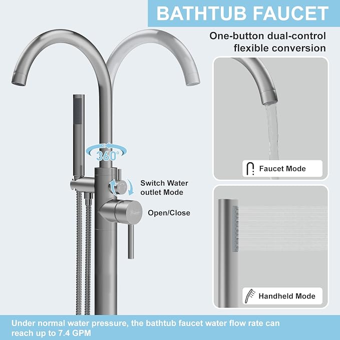 Freestanding Bathtub Faucet, Floor Mount Bathtub Faucet - Image 3