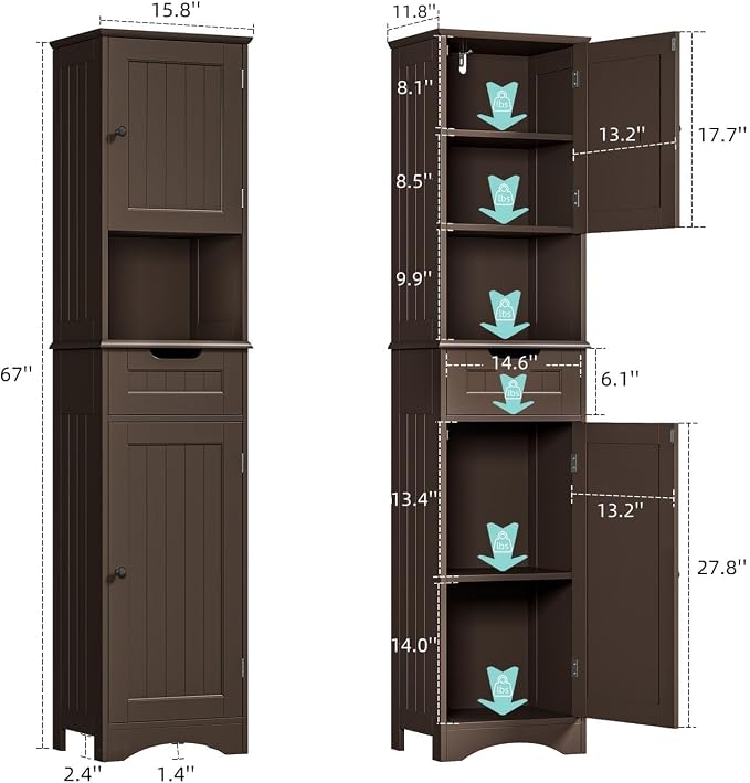 Bealife 67" H Tall Bathroom Storage Cabinet, Tall and Narrow Linen Storage - Image 2