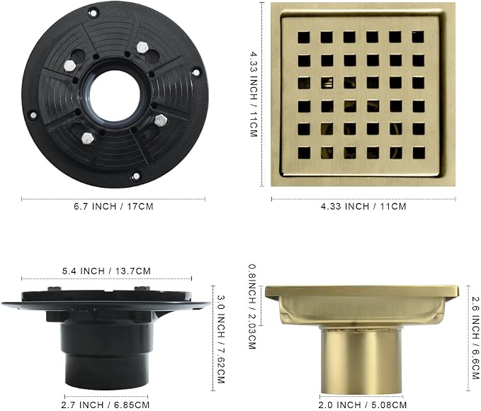 4 Inch Square Shower Drain, 304 Stainless Steel Shower Floor Drain Kit - Image 4