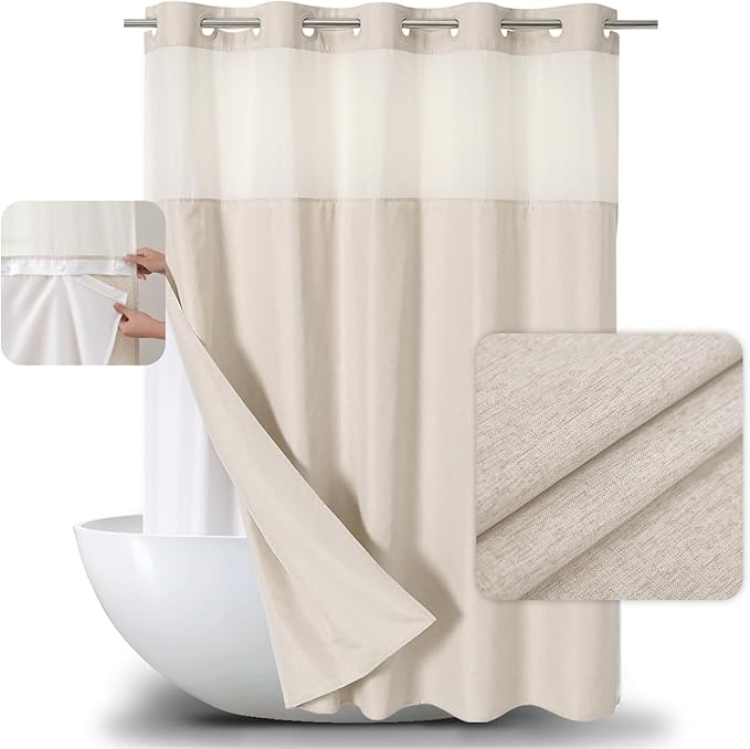 Extra Long No Hooks Needed Linen Textured Shower Curtain by EACHOPE
