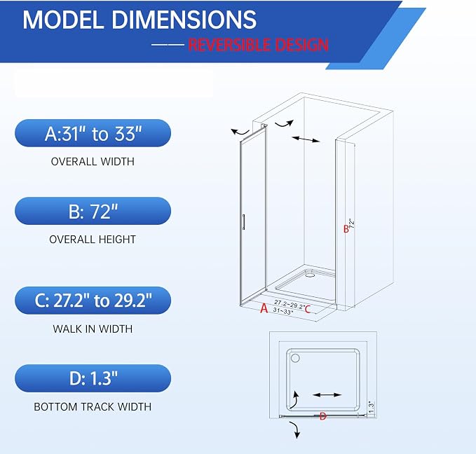 31-33" W x 72" H Pivot Swing Glass Shower Doors, 180° Rotating Retractable - Image 2
