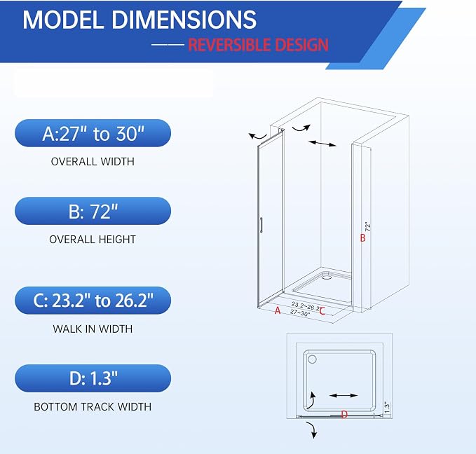 27-30" W x 72" H Pivot Swing Glass Shower Doors, 180° Rotating Retractable - Image 2
