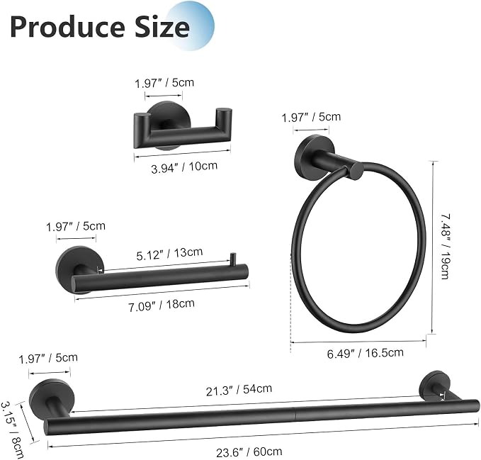 TNOMS 5 Pieces Towel Bar Set Matte Black Bathroom Hardware Accessories Set - Image 6