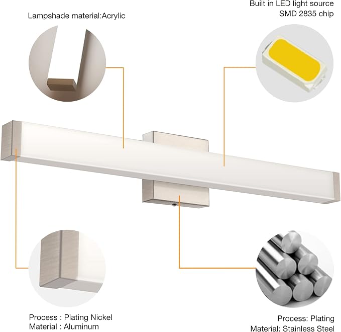 Bathroom Vanity Light Brushed Nickel Square LED 24 inch 14W 4000K Natural White - Image 4