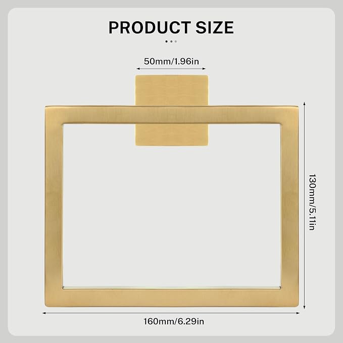 2-Piece Brushed Gold Towel Ring, Square Hand Towel Holder, Stainless Steel - Image 6