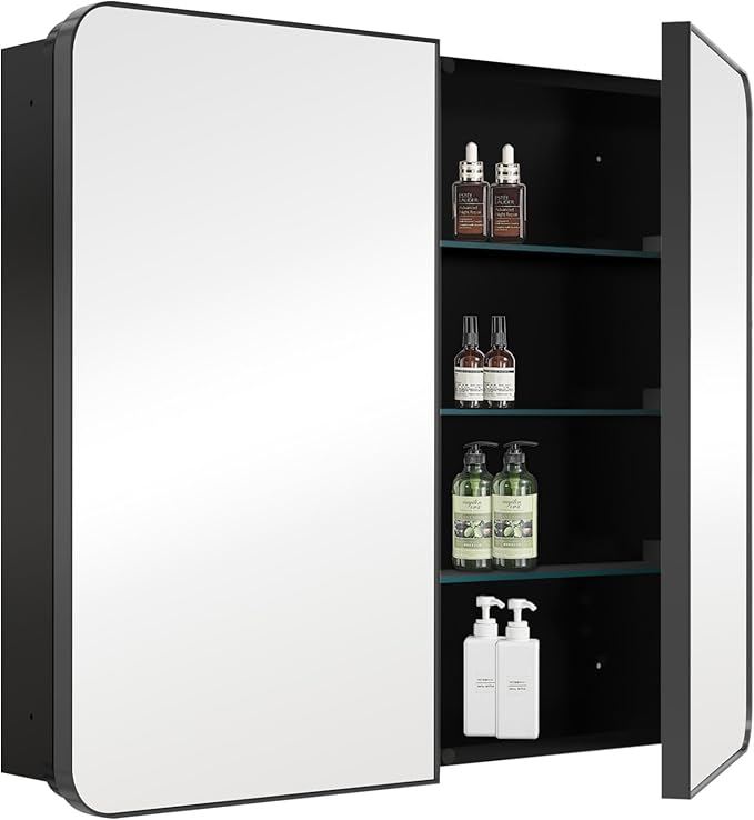 Bathroom Medicine Cabinet with 30"x26" Black Stainless Steel Framed Mirror by HOME