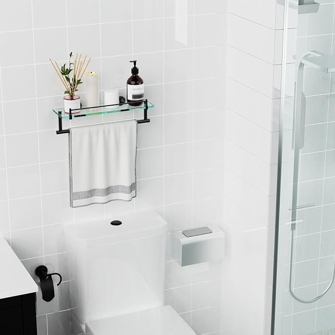 Bathroom Towel Rack with Tempered Glass Shelf 16 Inch, Matte Black Floating - Image 6
