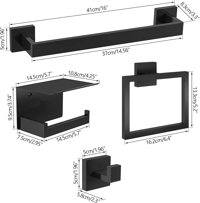 Matte Black Bathroom Accessories Hardware Set 5-Piece, Stainless Steel Towel - Image 6