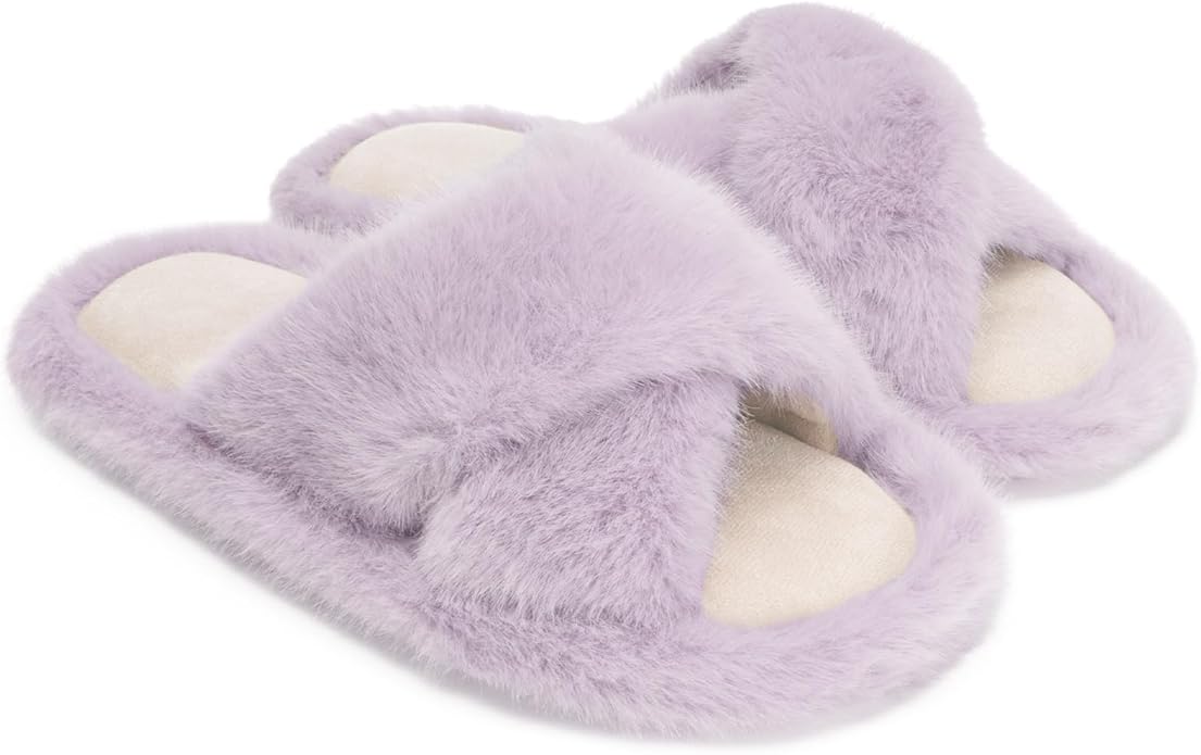 Chantomoo Womens Slippers Memory Foam Fuzzy Cross Band Faux Fur Slippers by Chantomoo