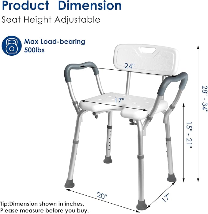 TooCust Extra Wide M-Shaped & Padded Armrests Shower Chair, 500lbs Capacity - Image 5