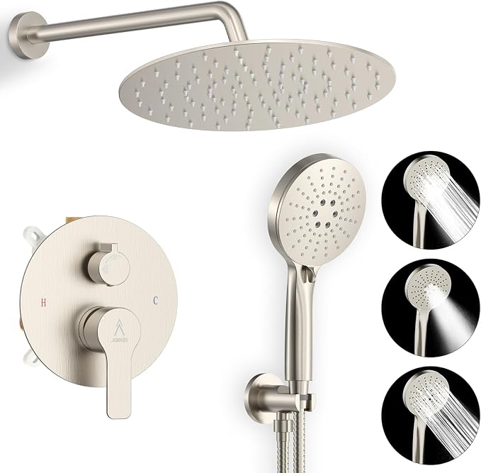 Shower Faucet Set 10IN Brass Rough-In Valve Body Trim Kit Rainfall Included by JQBQS