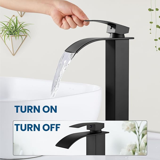 Airuida Vessel Sink Faucet Matte Black, Tall Waterfall Bathroom Faucet - Image 3