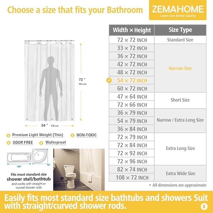 Narrow Size Clear Plastic Shower Curtain Liner, 54x72 Inch Thin Lightweight - Image 2