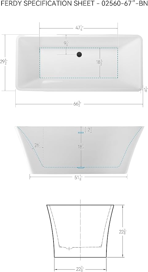 FerdY Sentosa 67" Acrylic Freestanding Bathtub, Contemporary Design Soaking Tub - Image 4