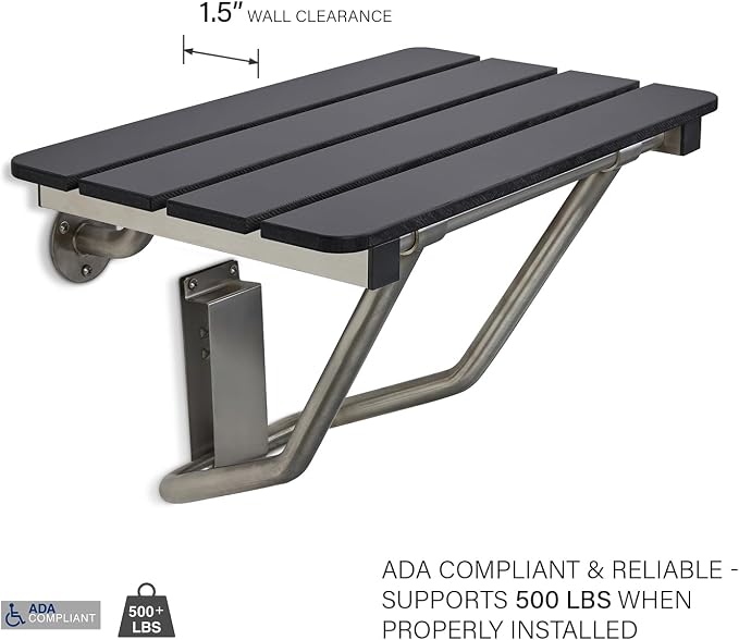 24-inch x 15-inch ADA Folding Wall Mount Bathroom Shower Seat Bench - Image 3
