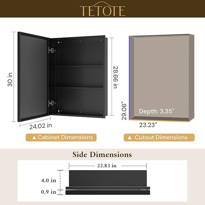 TETOTE Medicine Cabinet Mirror 24" x 30" Black Bathroom Mirrored Cabinets - Image 2