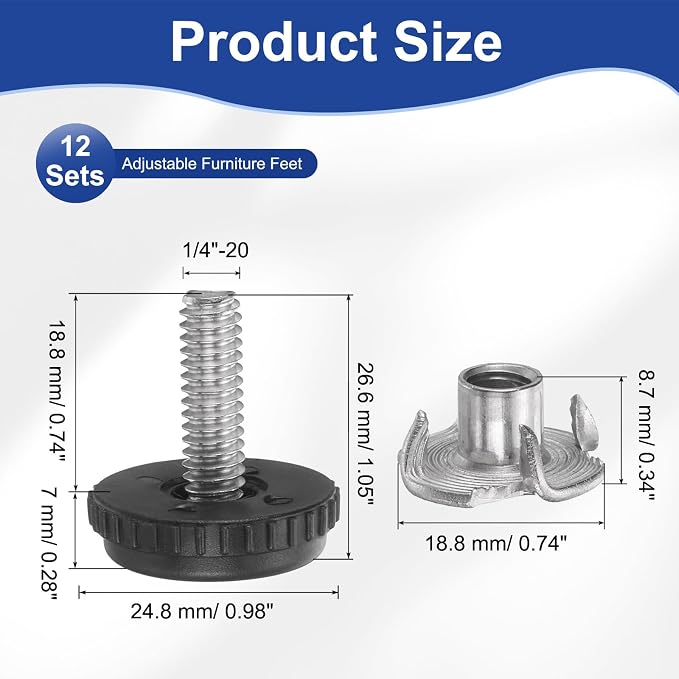 uxcell 1/4"-20 Thread Furniture Feet Levelers, 12Set 18.8mm L Adjustable - Image 2