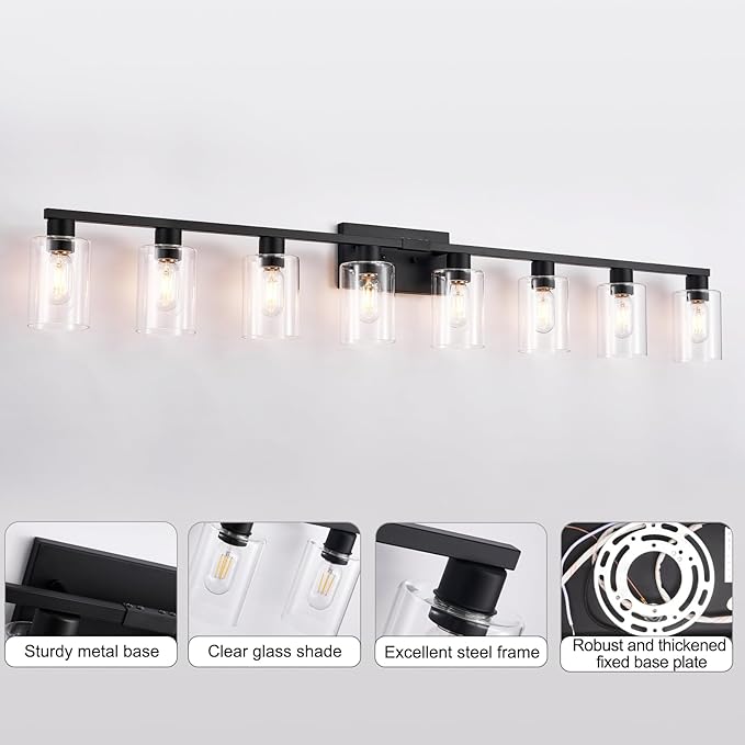 8-Light Black Vanity Light Fixtures, Vanity Lights Clear Glass ShadeRust and - Image 3