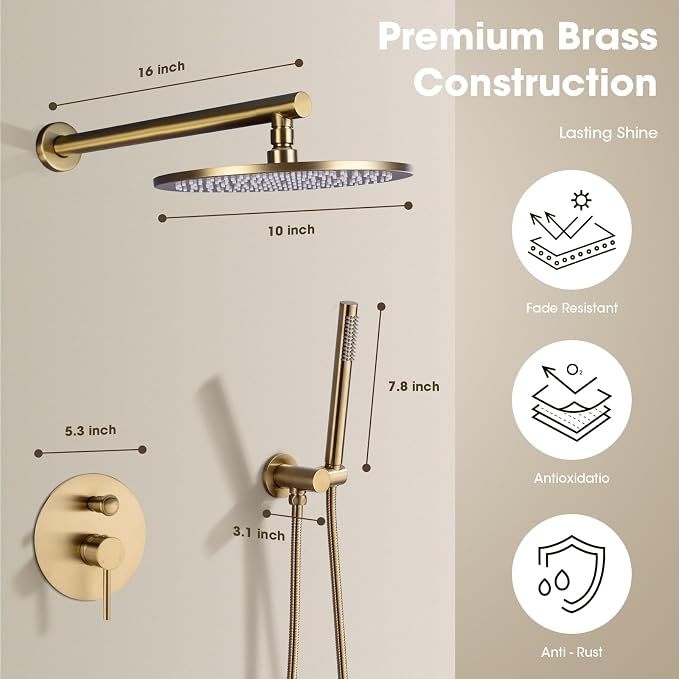 TRUSTMI Brushed Gold Shower System Pressure Balance 10 Inch Rainfall Shower Set - Image 7