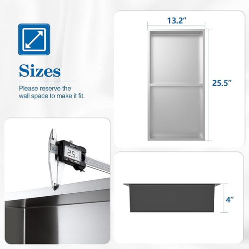 12" x 24" Shower Niche No Tile Needed, 304 Stainless Steel Shower Wall Niche - Image 2