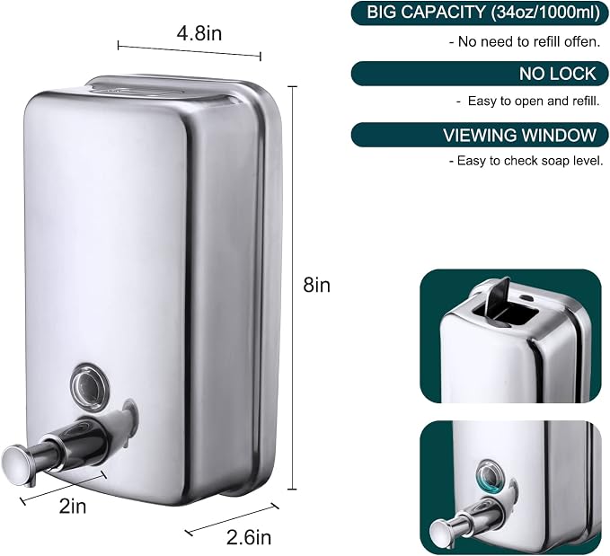 Commercial Soap Dispenser Wall Mount Stainless Steel Manual Liquid Pump - Image 4