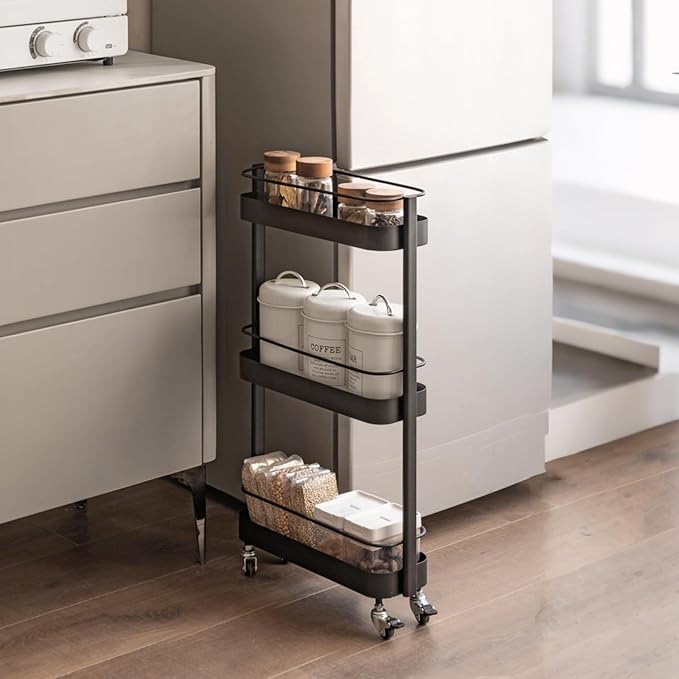 Rolling Storage Cart, 3 Tier Bathroom Organizer Mobile Shelving Unit, Metal by Unknown